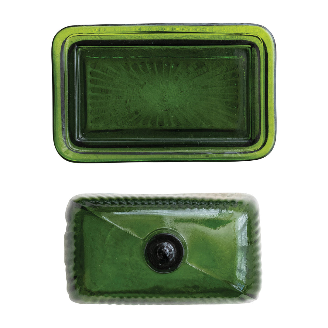 Pressed Ribbed Glass Butter Dish, Green
