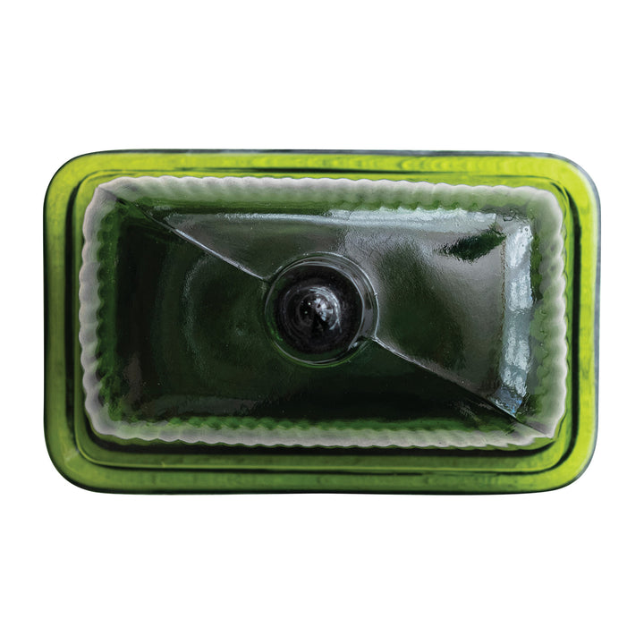 Pressed Ribbed Glass Butter Dish, Green