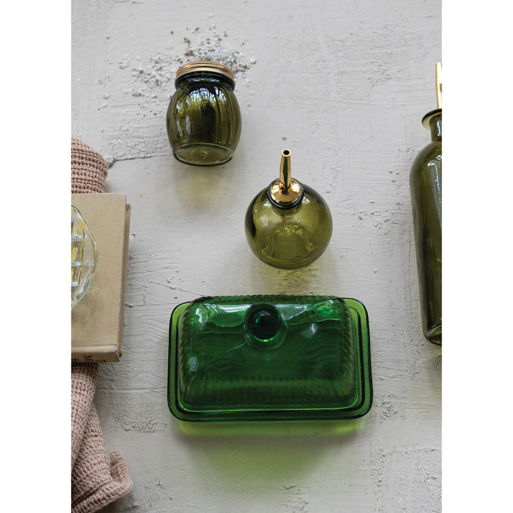 Pressed Ribbed Glass Butter Dish, Green
