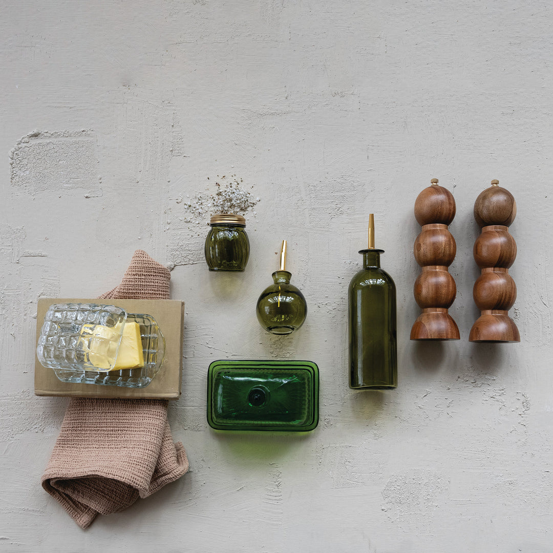 Pressed Ribbed Glass Butter Dish, Green