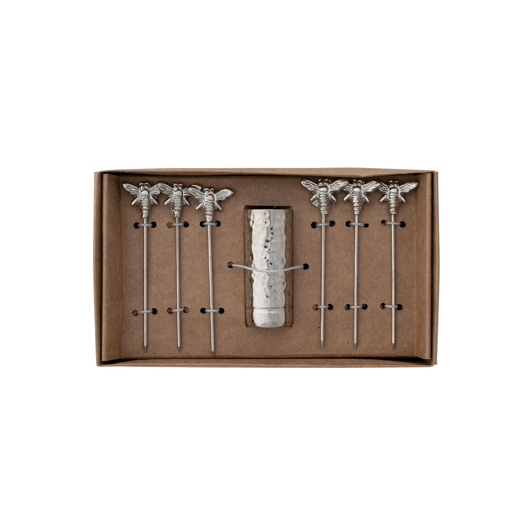 Stainless Steel Appetizer Picks with Bee Handles, Boxed Set of 7