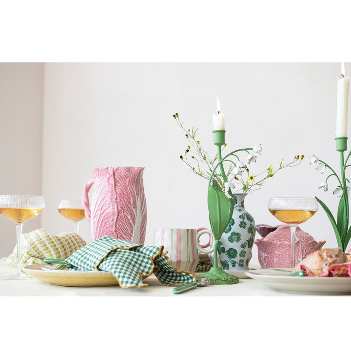 2 Quart Stoneware Cabbage Shaped Pitcher with Twisted Handle, Pink