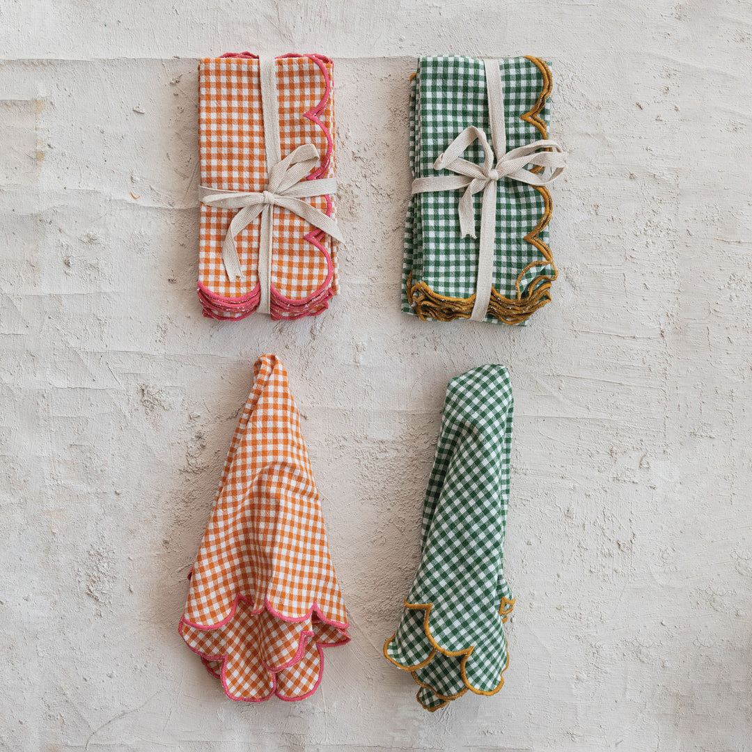 Cotton Scalloped Napkins with Contrasting Edges, Two Colors- Set of 4