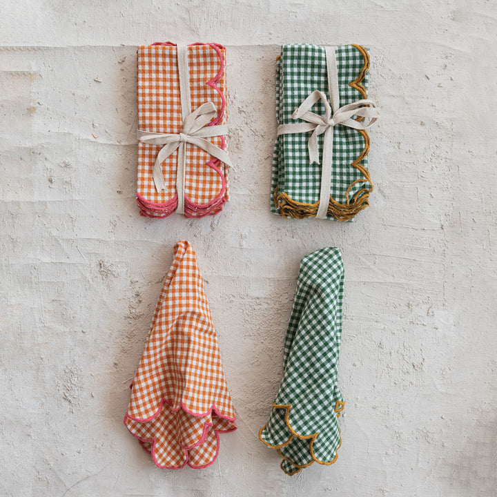 Cotton Scalloped Napkins with Contrasting Edges, Two Colors- Set of 4