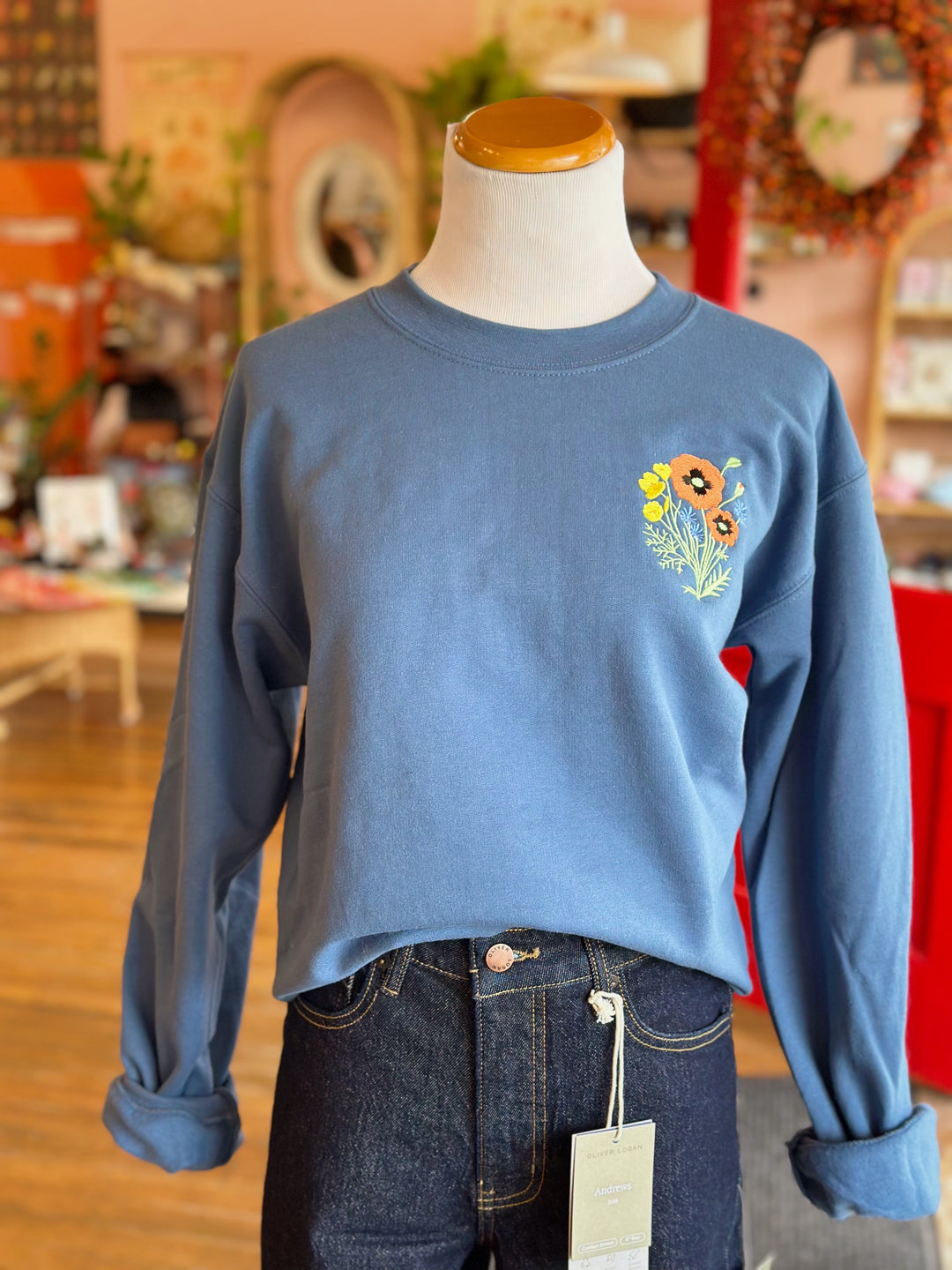Poppy Things Logo Embroidered Crew Neck in Indigo