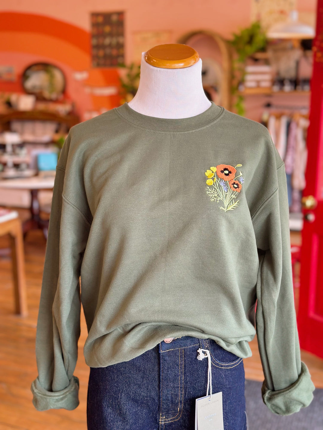 Poppy Things Logo Embroidered Crew Neck in Moss