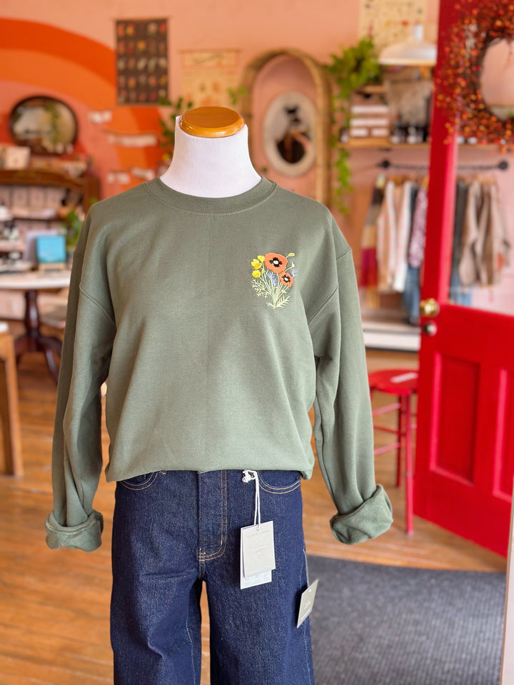 Poppy Things Logo Embroidered Crew Neck in Moss