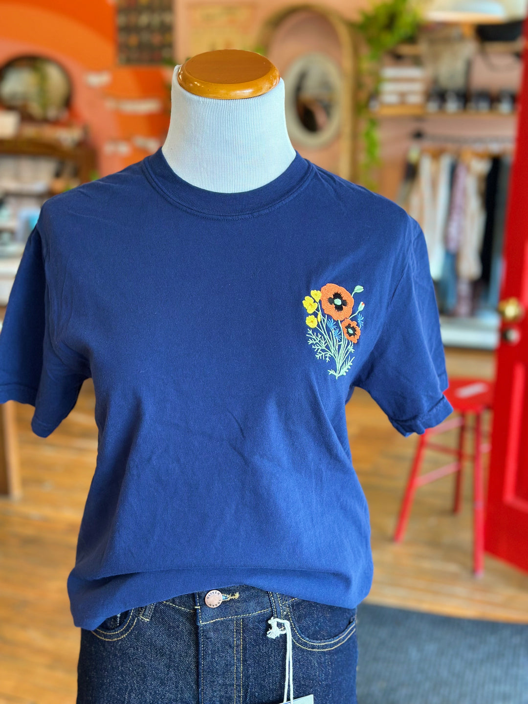 Poppy Things Logo Embroidered Tee in Navy