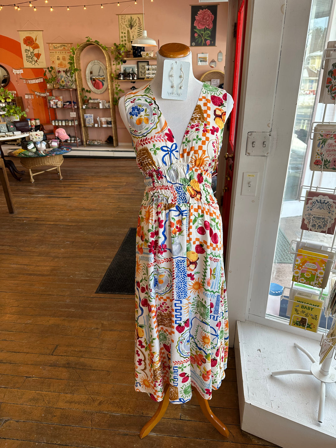 Summer Picnic Shirred Waist & Plunging Neckline Midi