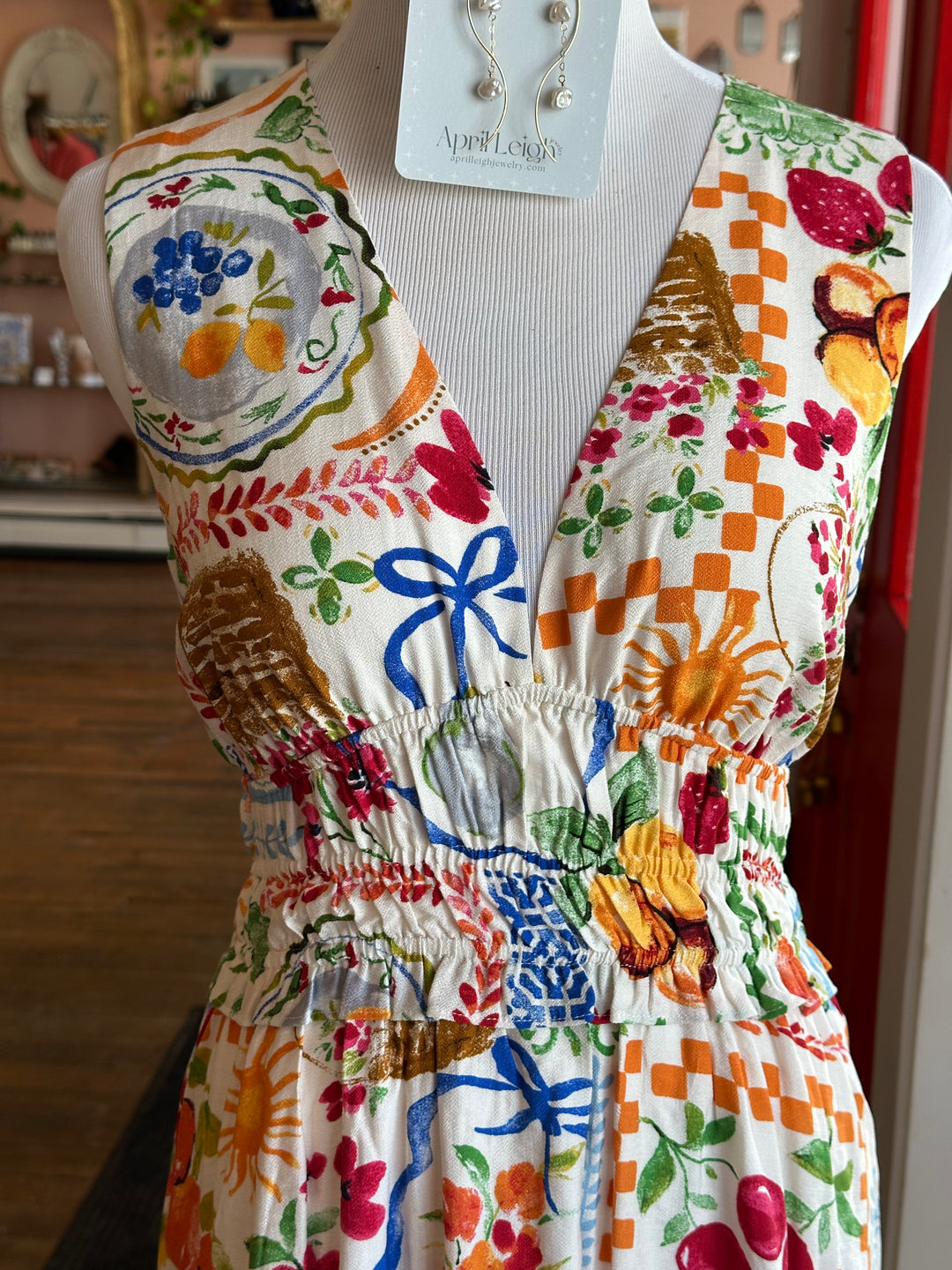 Summer Picnic Shirred Waist & Plunging Neckline Midi