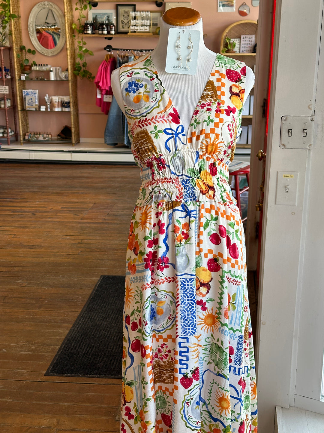 Summer Picnic Shirred Waist & Plunging Neckline Midi