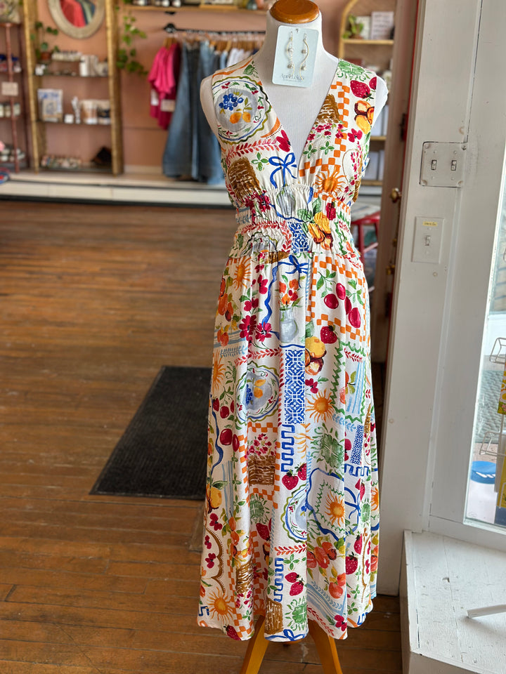 Summer Picnic Shirred Waist & Plunging Neckline Midi