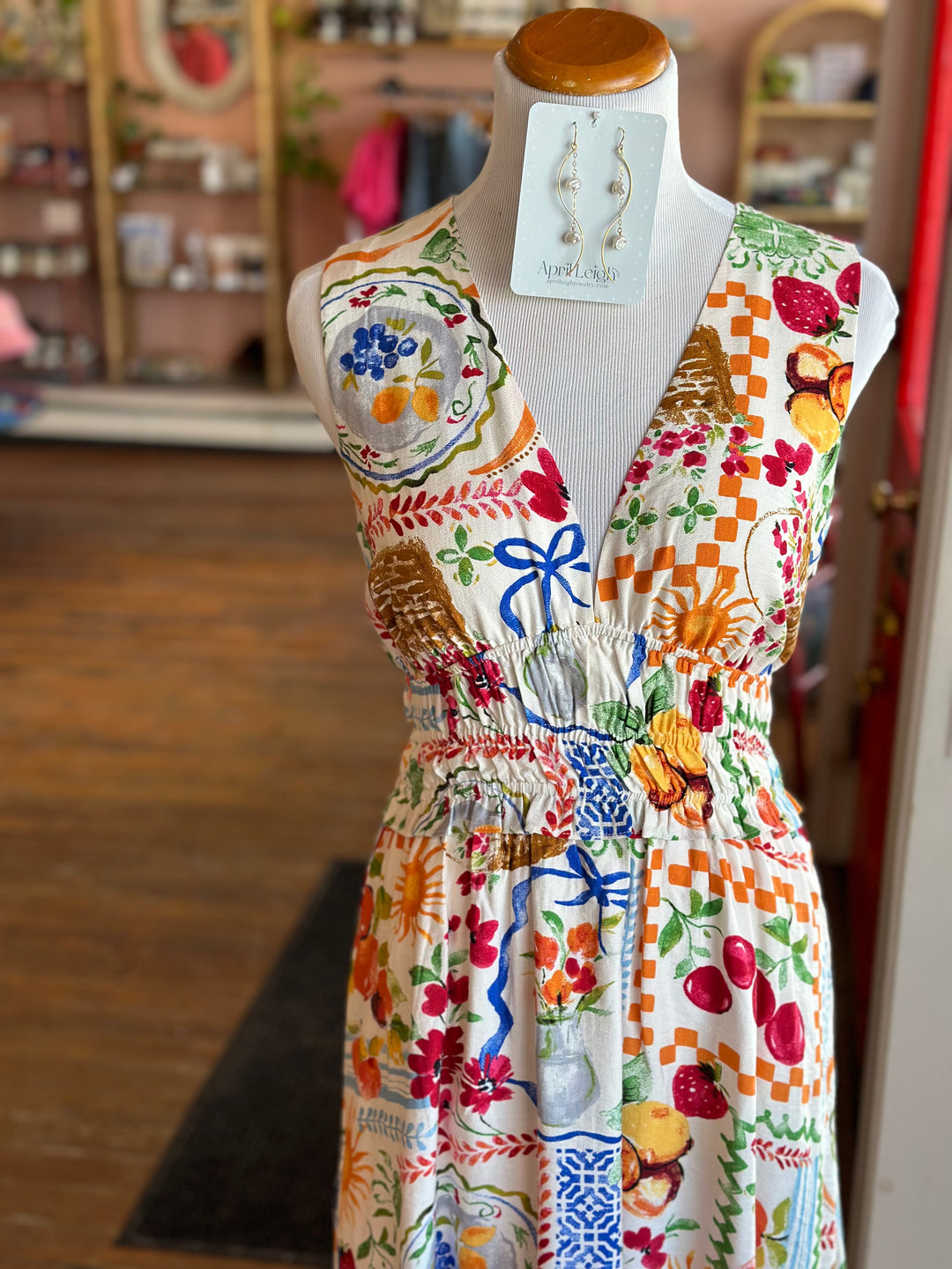 Summer Picnic Shirred Waist & Plunging Neckline Midi