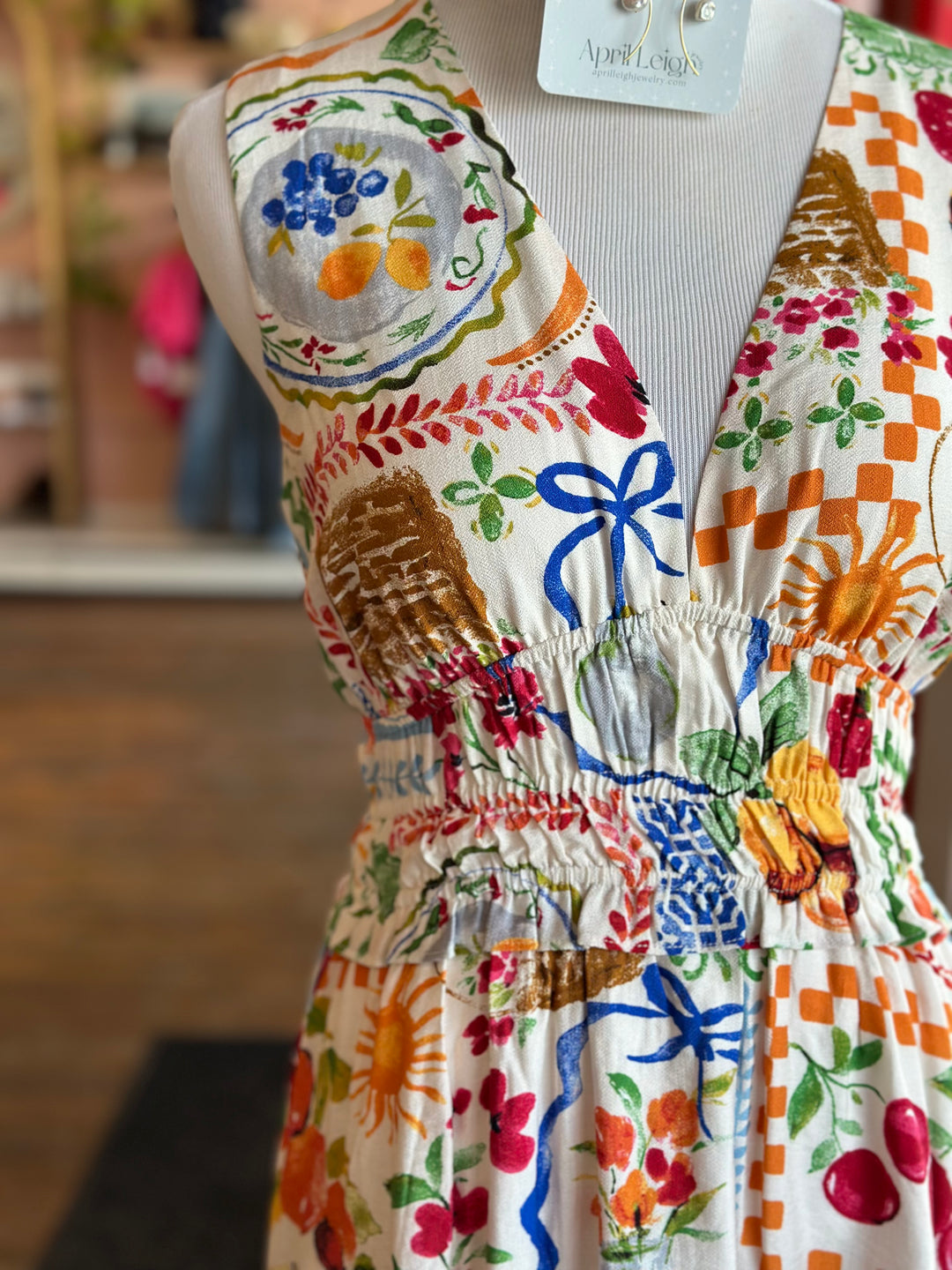 Summer Picnic Shirred Waist & Plunging Neckline Midi