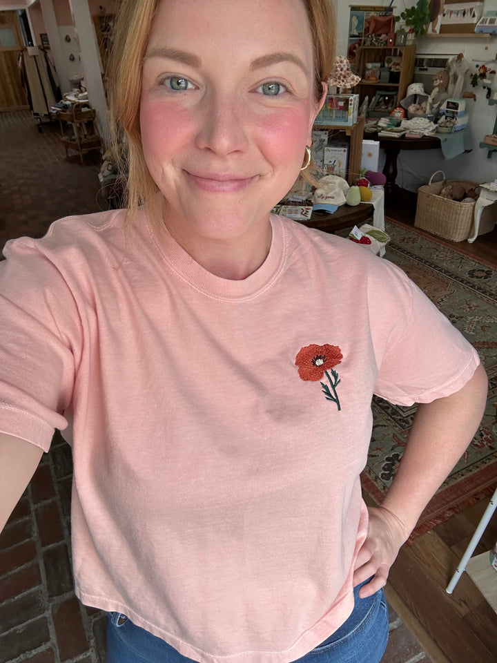 Embroidered Poppy Flower Women's Boxy Tshirt