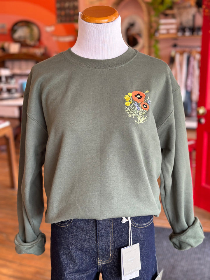 Poppy Things Logo Embroidered Crew Neck in Moss