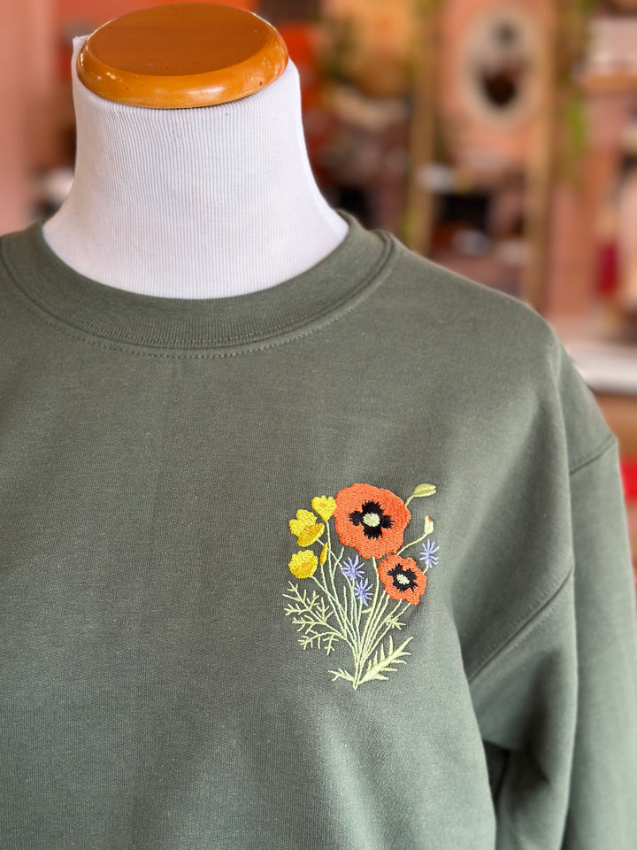 Poppy Things Logo Embroidered Crew Neck in Moss
