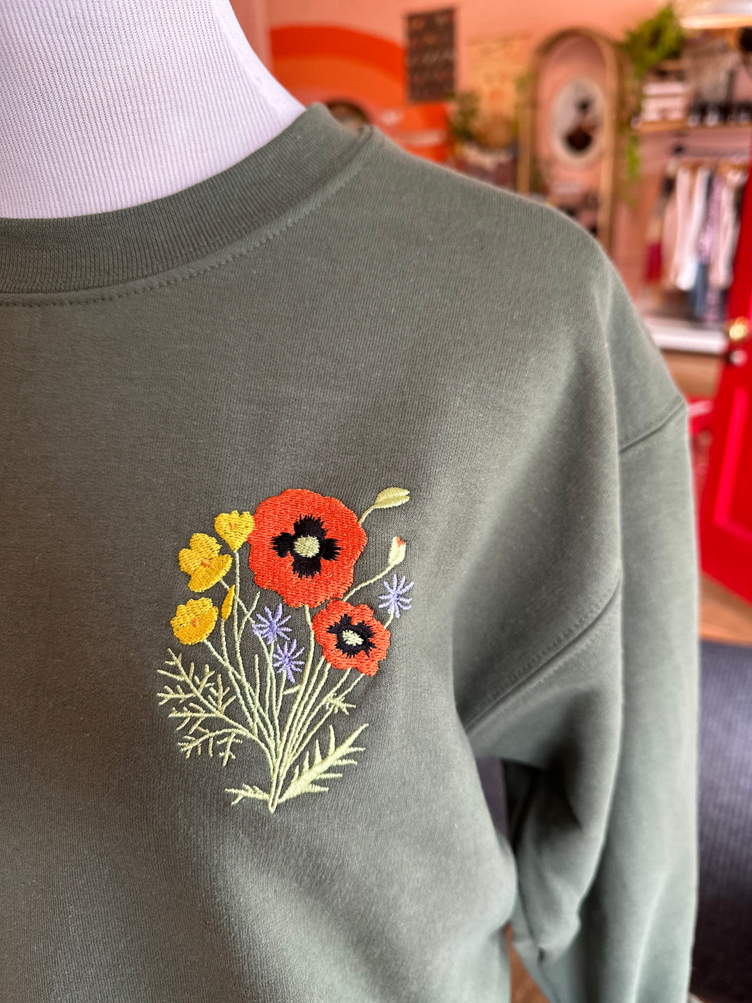 Poppy Things Logo Embroidered Crew Neck in Moss