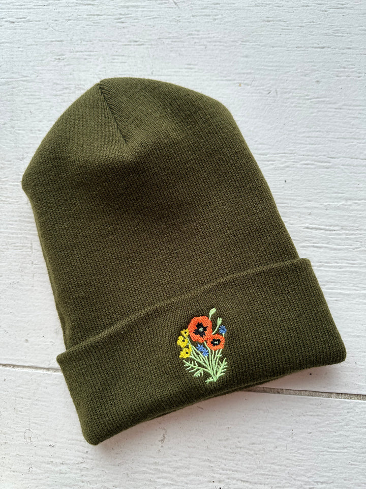 Poppy Things Logo Embroidered Beanie in Olive