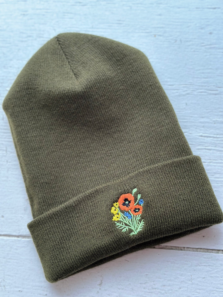 Poppy Things Logo Embroidered Beanie in Olive