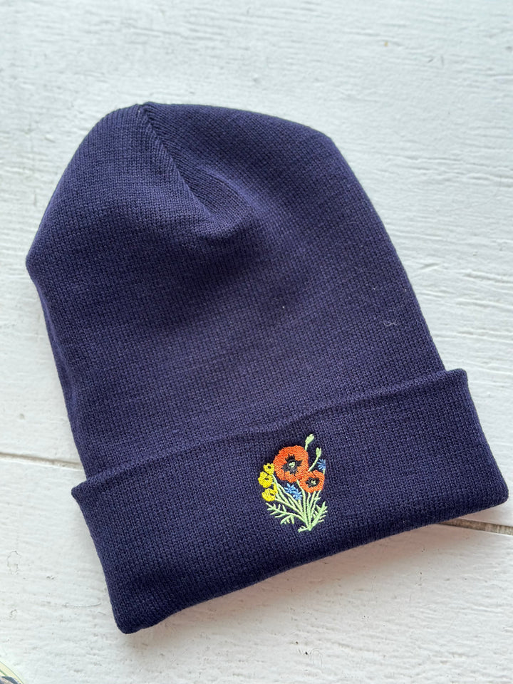 Poppy Things Logo Embroidered Beanie in Navy