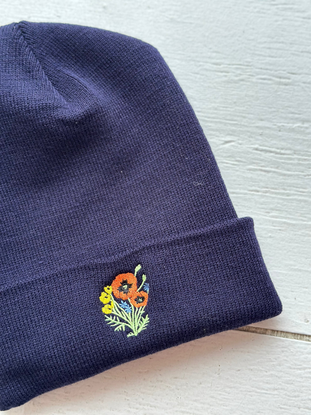 Poppy Things Logo Embroidered Beanie in Navy