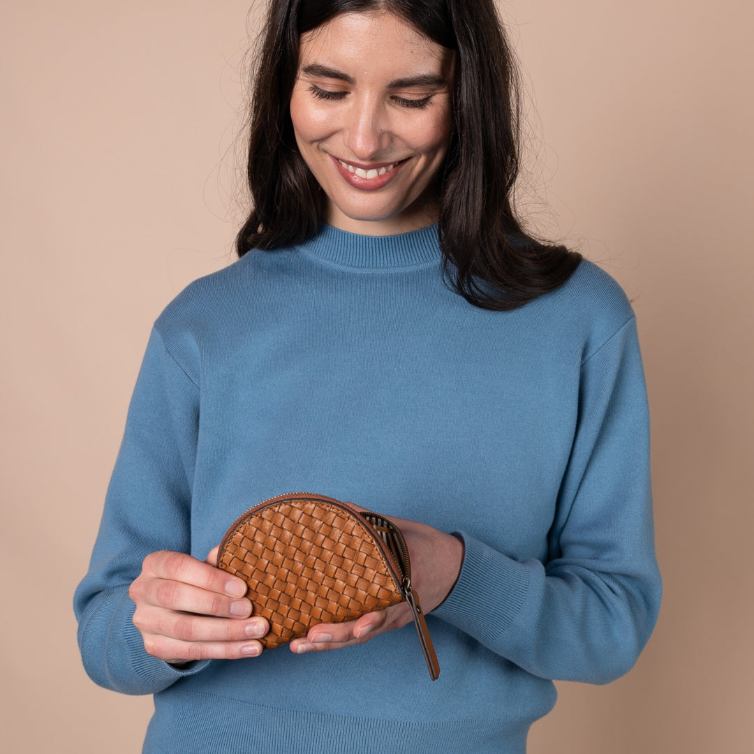 Laura Coin Purse in Cognac Woven Classic Leather