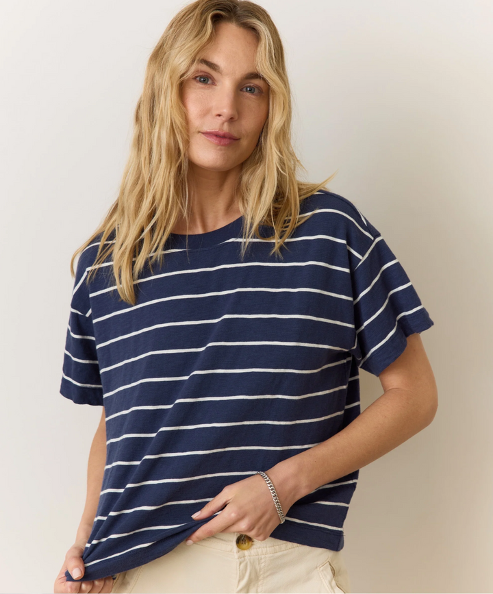 Sadie Crop Tee in Navy/White Stripe