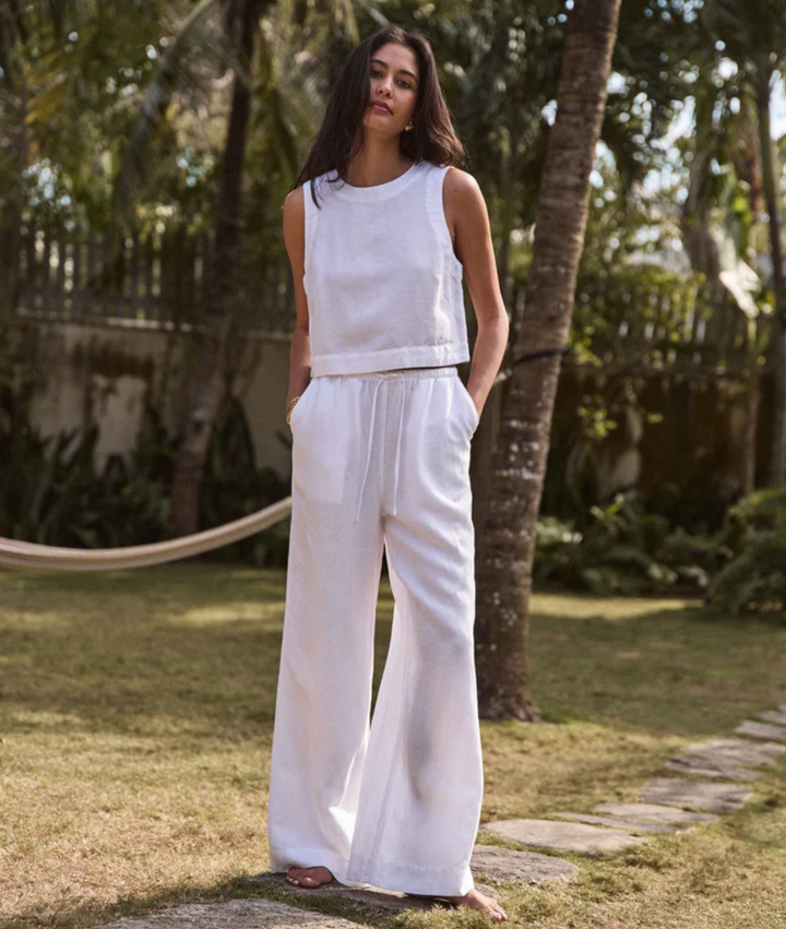 Linen Drawstring Wide Leg Pant in White