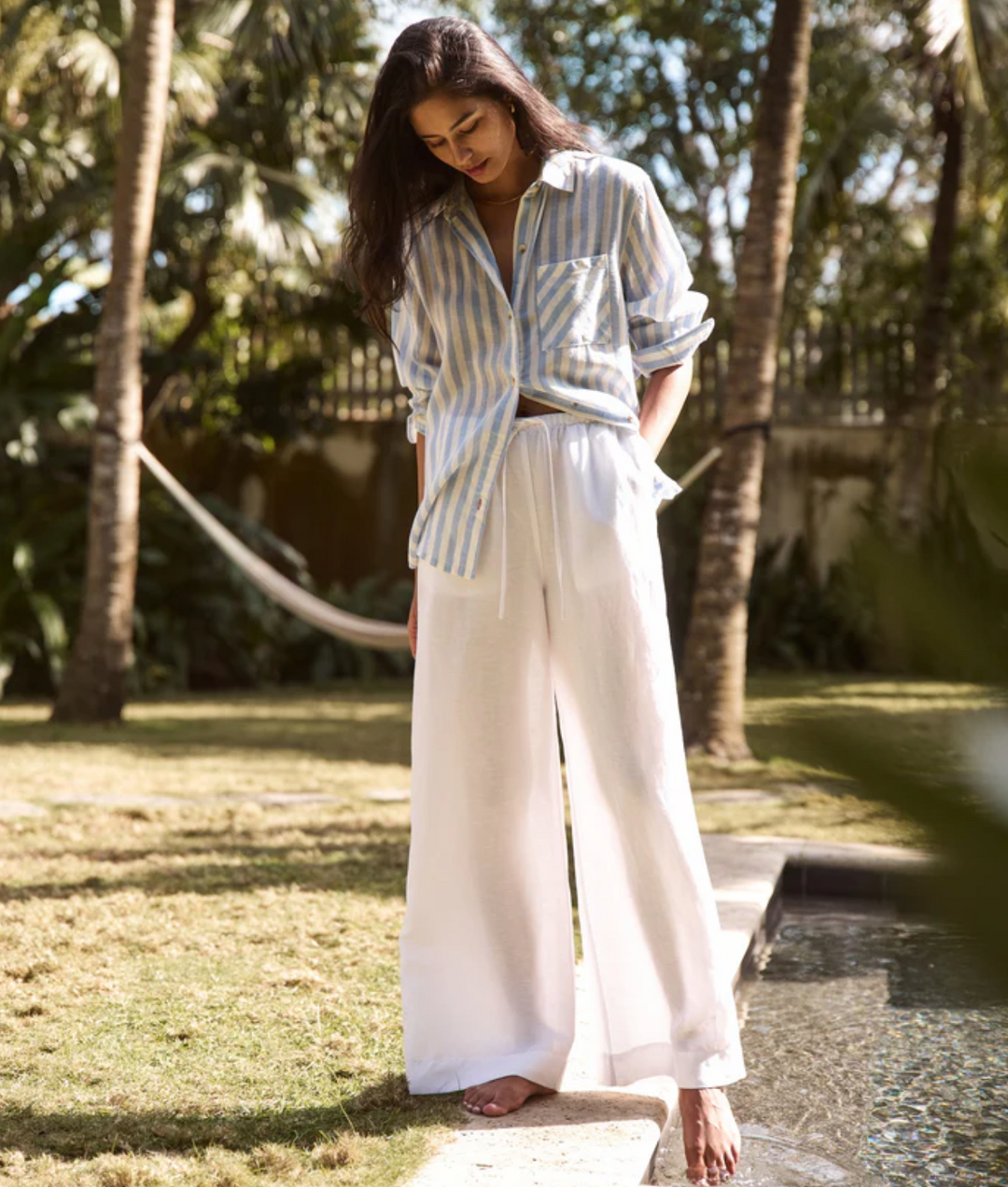 Linen Drawstring Wide Leg Pant in White