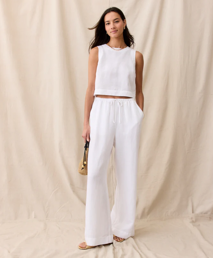 Linen Drawstring Wide Leg Pant in White
