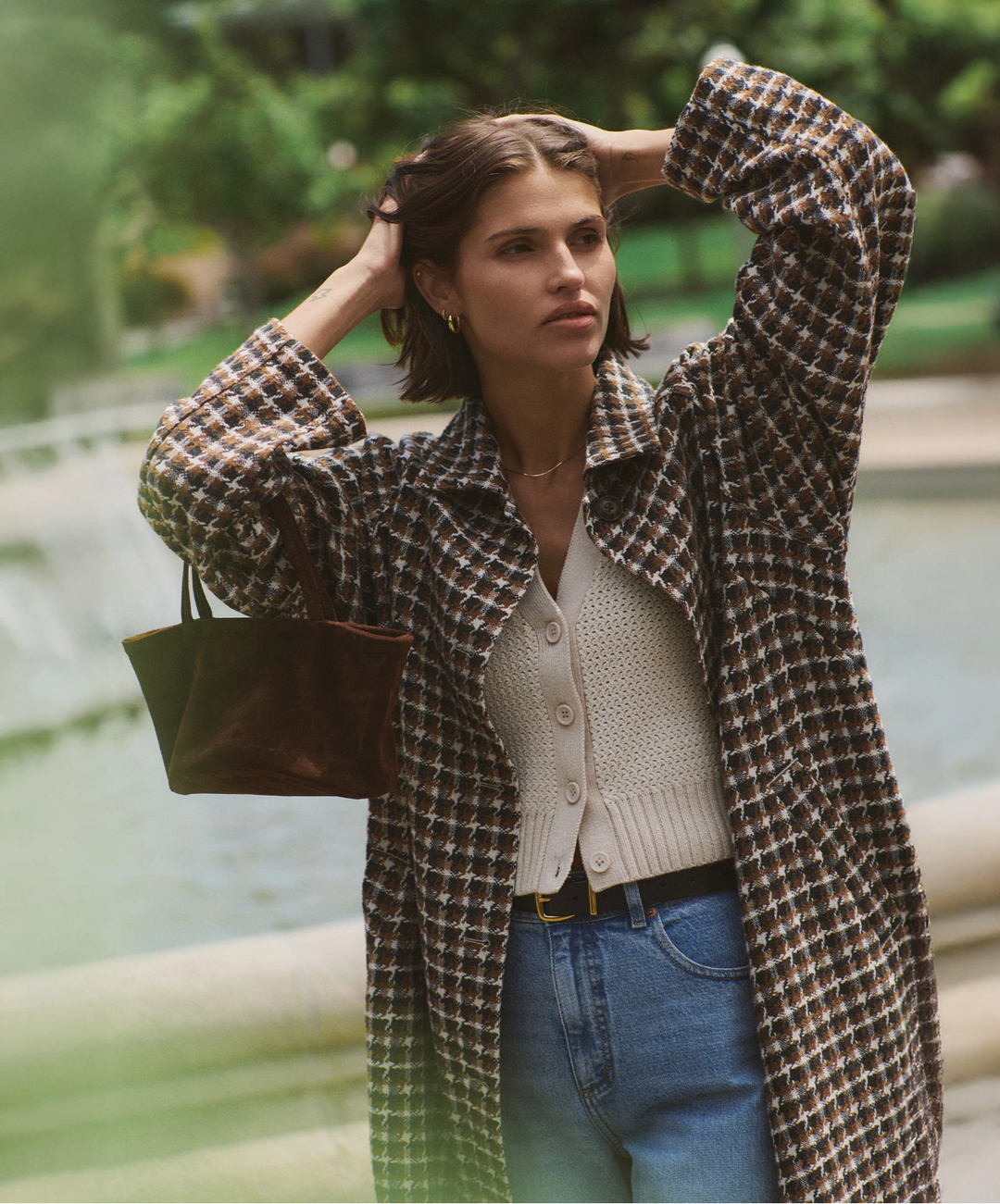 Hayes Houndstooth Trench Coat in Neutral Herringbone