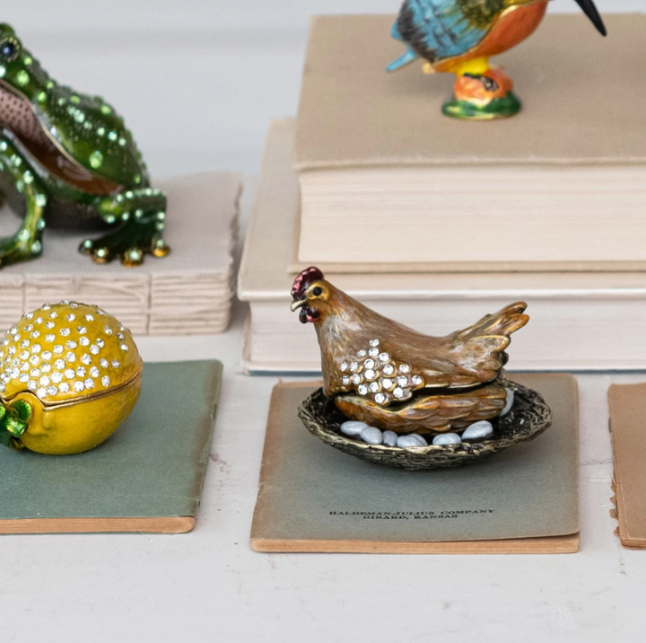 Enamel Hen On Nest Shaped Trinket Box