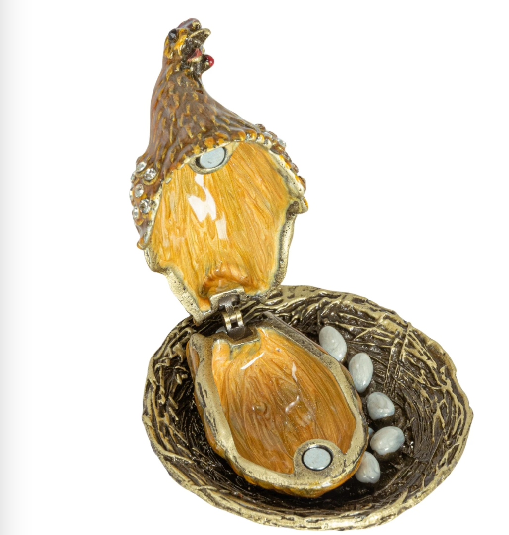 Enamel Hen On Nest Shaped Trinket Box