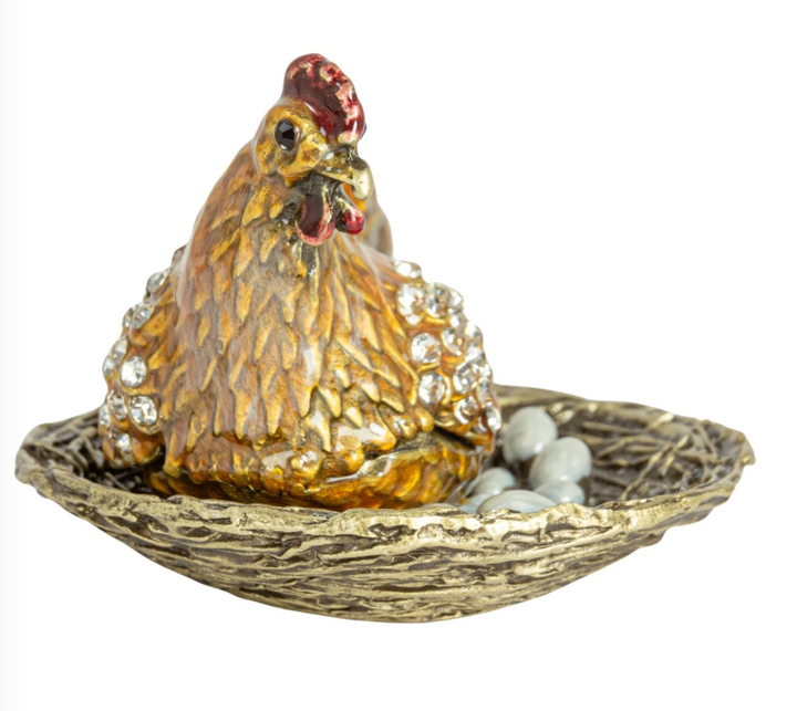 Enamel Hen On Nest Shaped Trinket Box