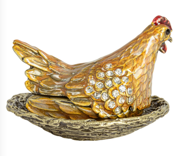 Enamel Hen On Nest Shaped Trinket Box