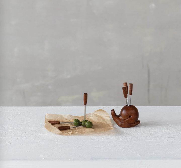 Wood Snail Shaped Holder with 6 Appetizer Picks