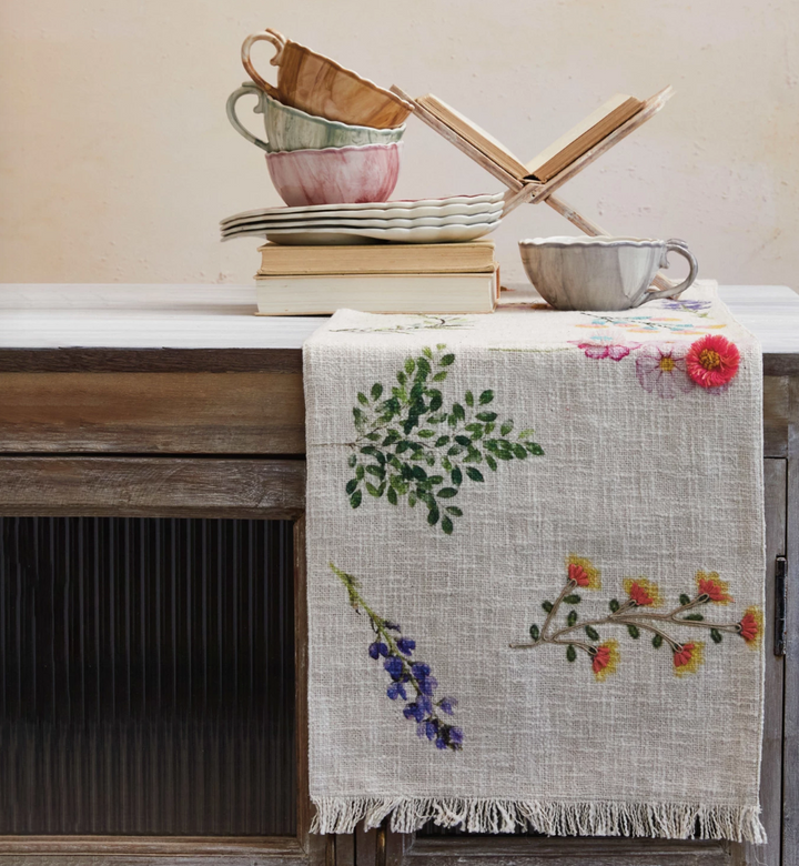 Cotton Printed Table Runner w/ Flowers, Embroidery & Fringe