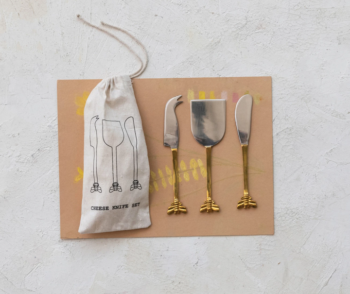 Stainless Steel & Brass Cheese Knives, Set of 4 in Drawstring Bag