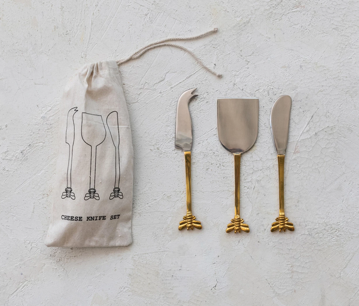 Stainless Steel & Brass Cheese Knives, Set of 4 in Drawstring Bag