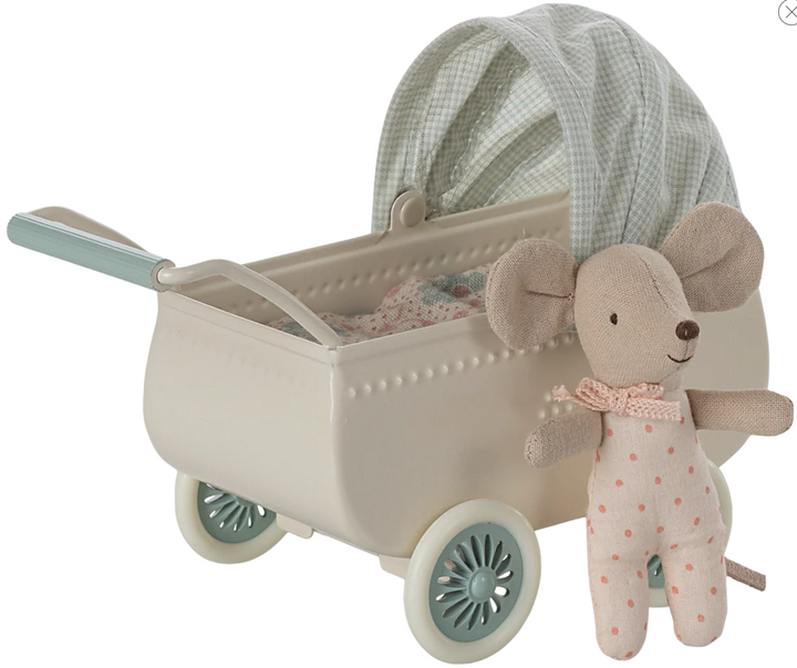 Pram with Baby Mouse in Mint