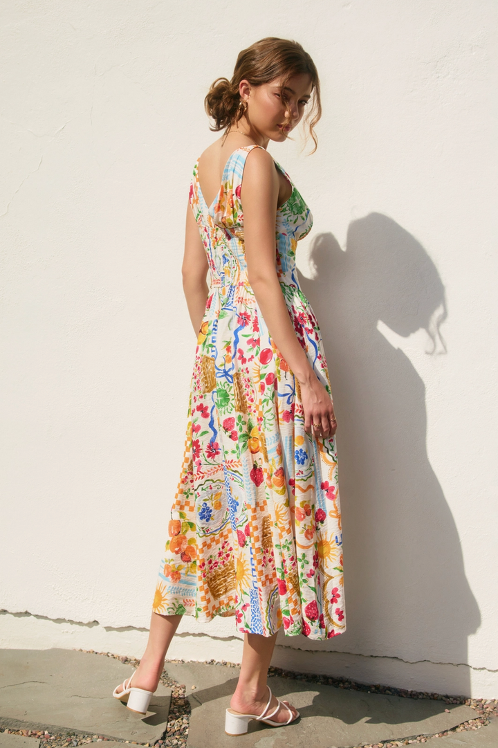 Summer Picnic Midi Dress with Corset Bodice