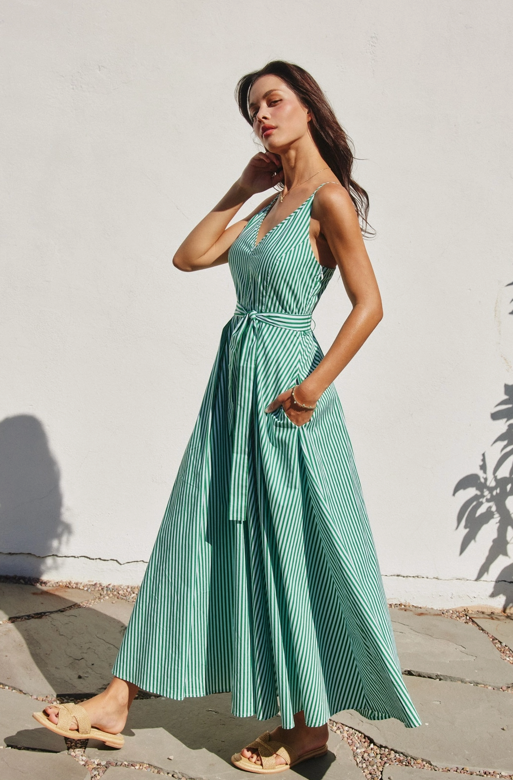 Striped Plunging Fit and Flare Dress in Kelly Green