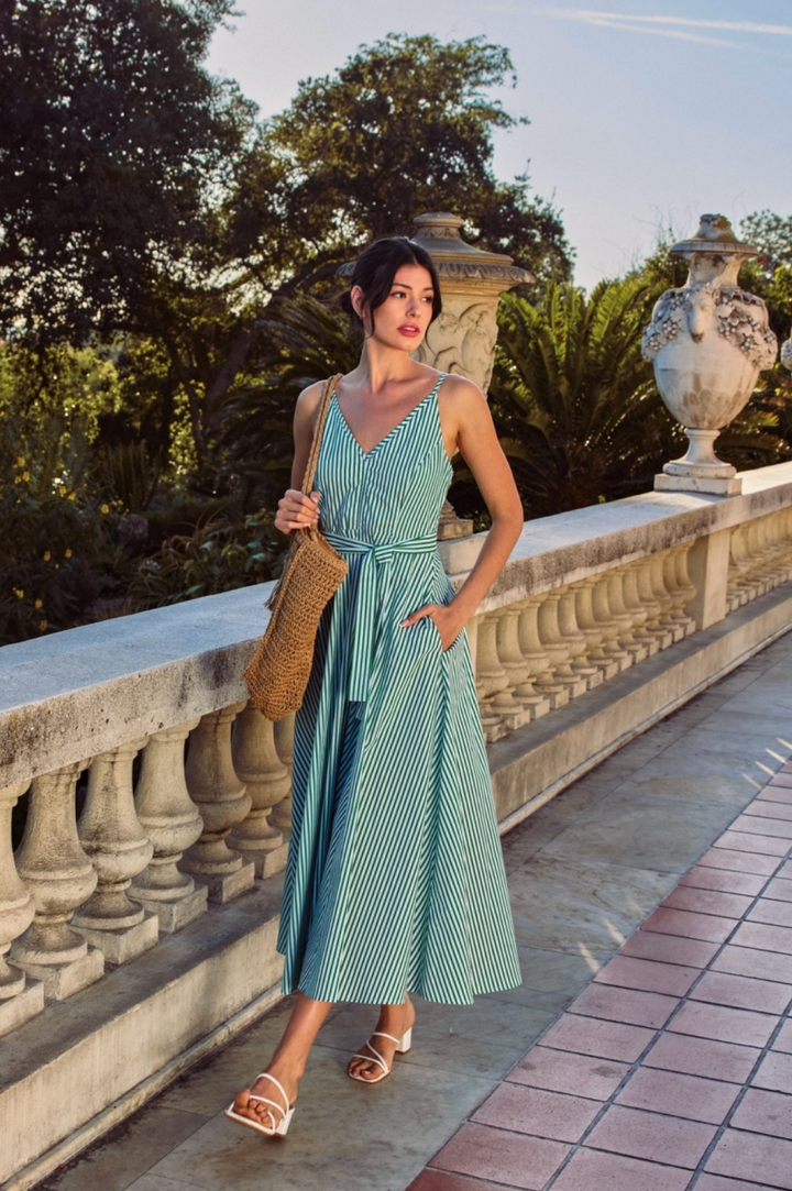 Striped Plunging Fit and Flare Dress in Kelly Green