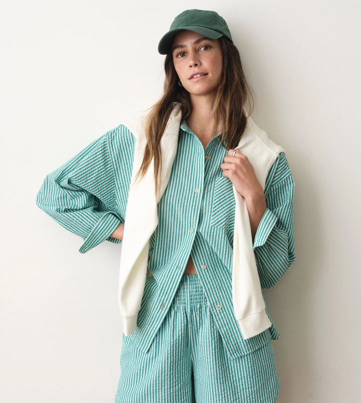 Gracey Oversized Seersucker Shirt, Green Stripe