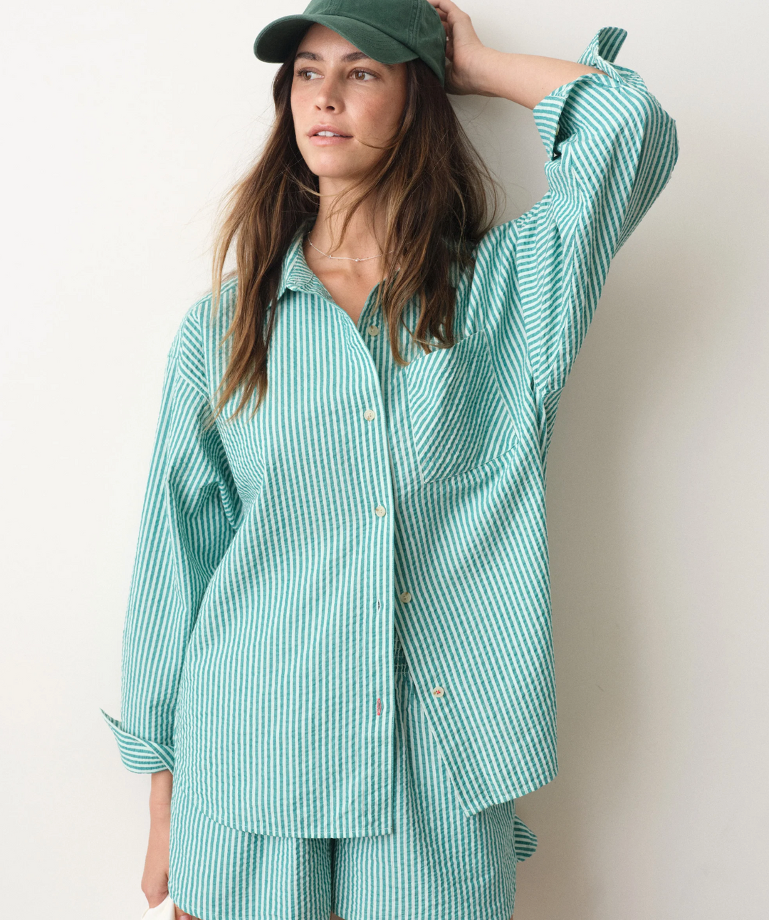 Isla Seersucker Short, Green Stripe