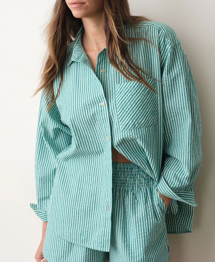 Gracey Oversized Seersucker Shirt, Green Stripe
