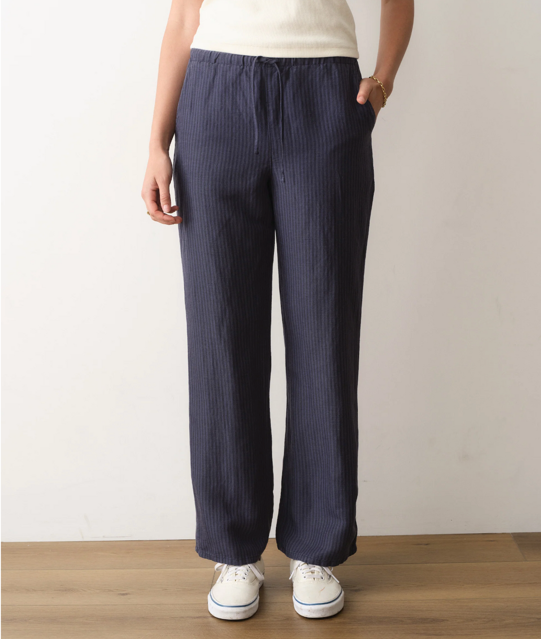 Linen Drawstring Pant, Blue Stripe