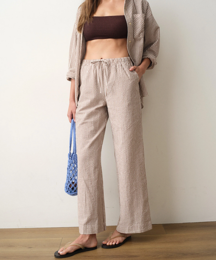 Josie Seersucker Drawstring Pant, Mocha Stripe