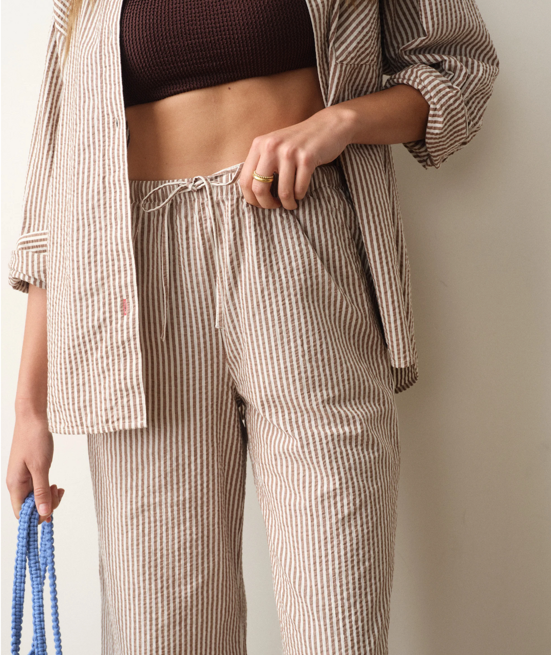 Josie Seersucker Drawstring Pant, Mocha Stripe